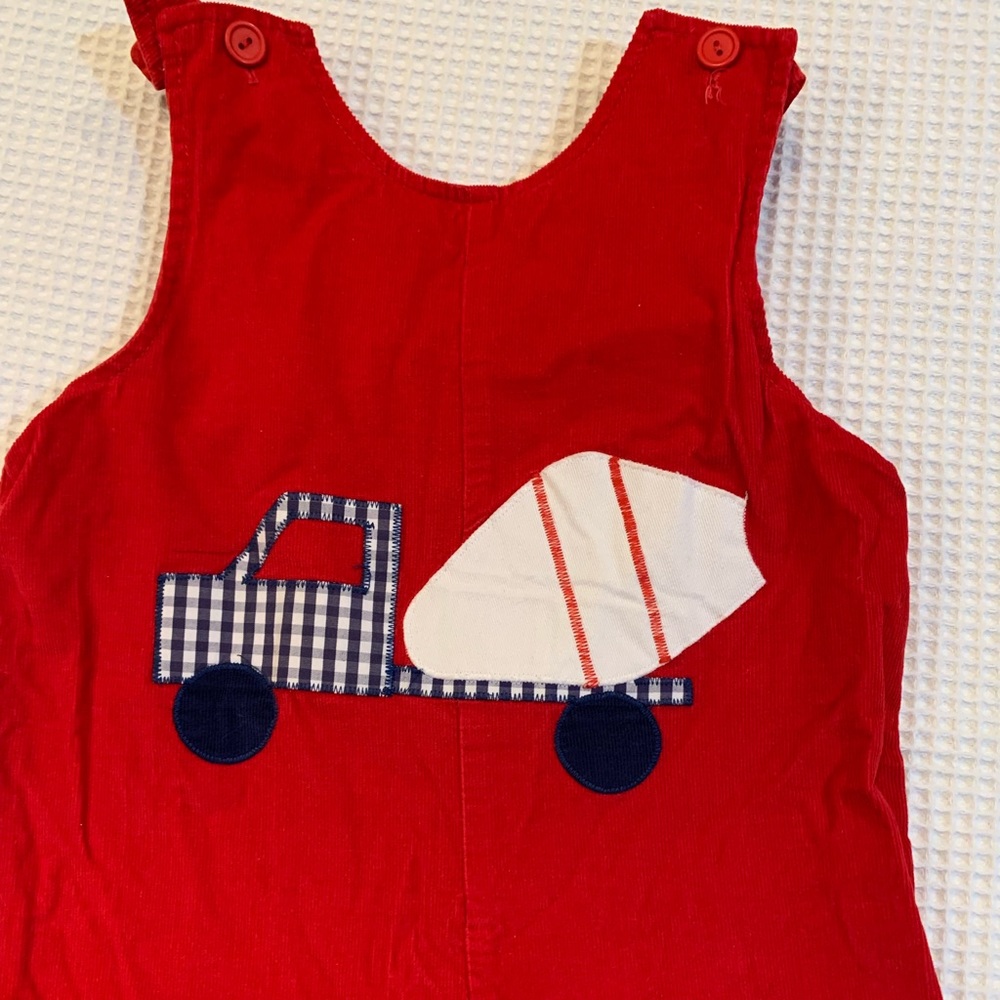 Funtasia Cement Mixer Construction Truck Embroidered Red Jon Jon 24 month romper - Picture 2 of 4
